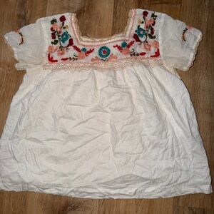 THML White womens' Embroidered Peasant Top with Multicolor Floral Yoke